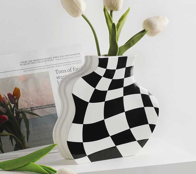 Minimalist Ceramic Black And White Checkered Vase