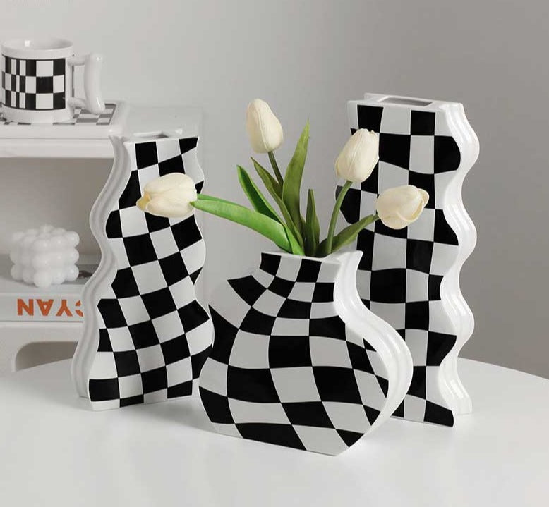 Minimalist Ceramic Black And White Checkered Vase