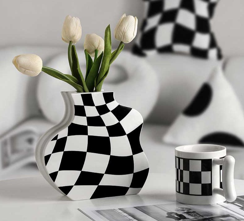 Minimalist Ceramic Black And White Checkered Vase