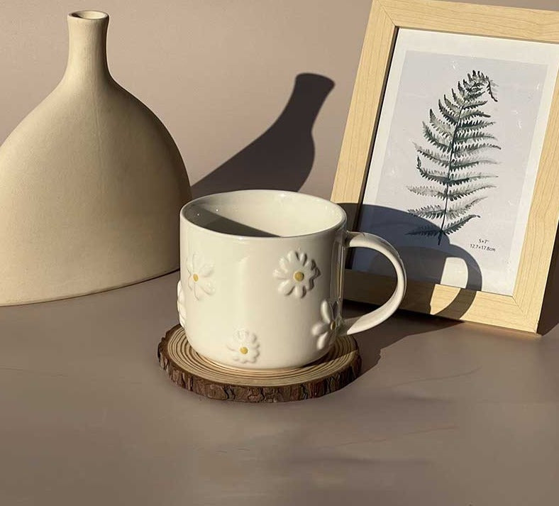 Minimalist Ceramic Embossed Daisy Mug