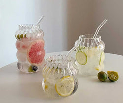 Minimalist Chubby Ribbed Glass Cups with Sustainable Glass Straw