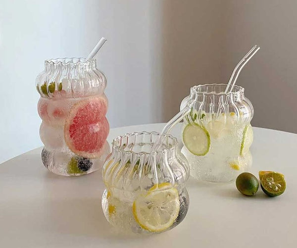 Minimalist Chubby Ribbed Glass Cups with Sustainable Glass Straw