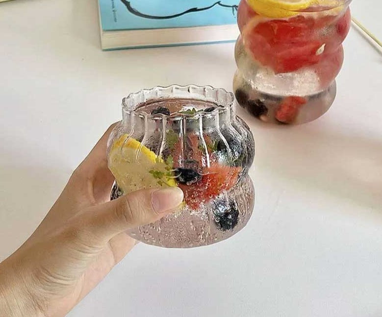 Minimalist Chubby Ribbed Glass Cups with Sustainable Glass Straw