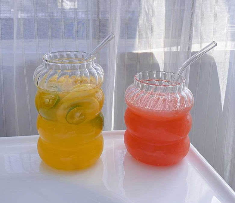 Minimalist Chubby Ribbed Glass Cups with Sustainable Glass Straw