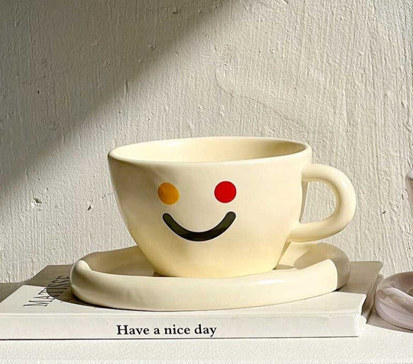 Minimalist Funny Ceramic Smiley Face Mug Saucer Set