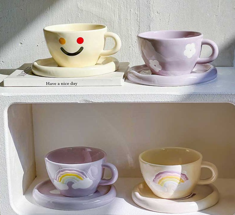 Minimalist Funny Ceramic Smiley Face Mug Saucer Set