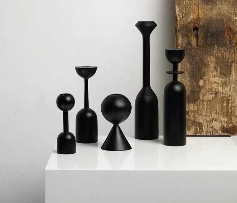 Modern Black Wood Tapered Candle Holder