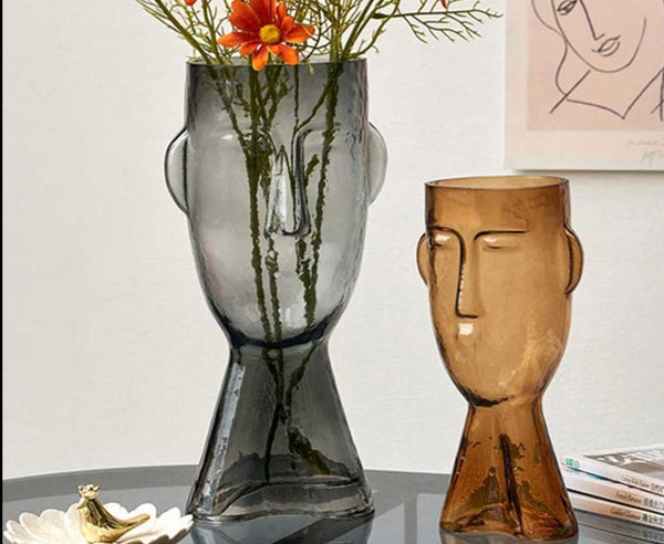 Retro Amber Smoked Gray Glass Abstract Face Vase