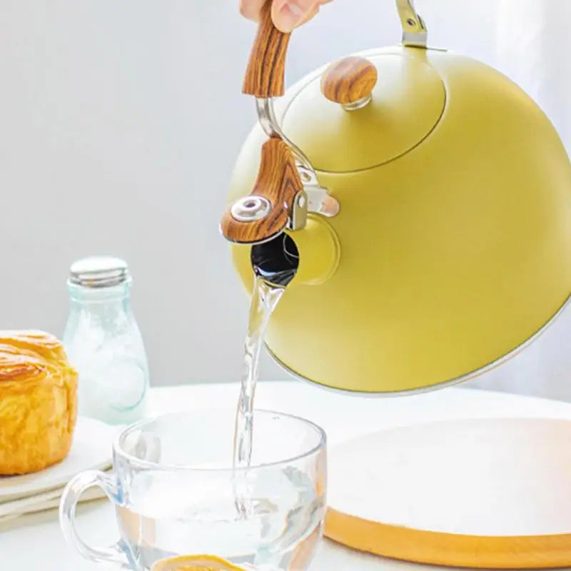 Retro Yellow Whistling Electric Kettle with Wood Handle - Vintage Design, 2.5L Stainless Steel