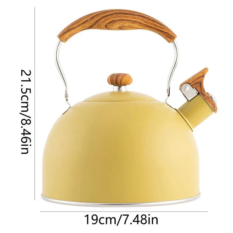 Retro Yellow Whistling Electric Kettle with Wood Handle - Vintage Design, 2.5L Stainless Steel