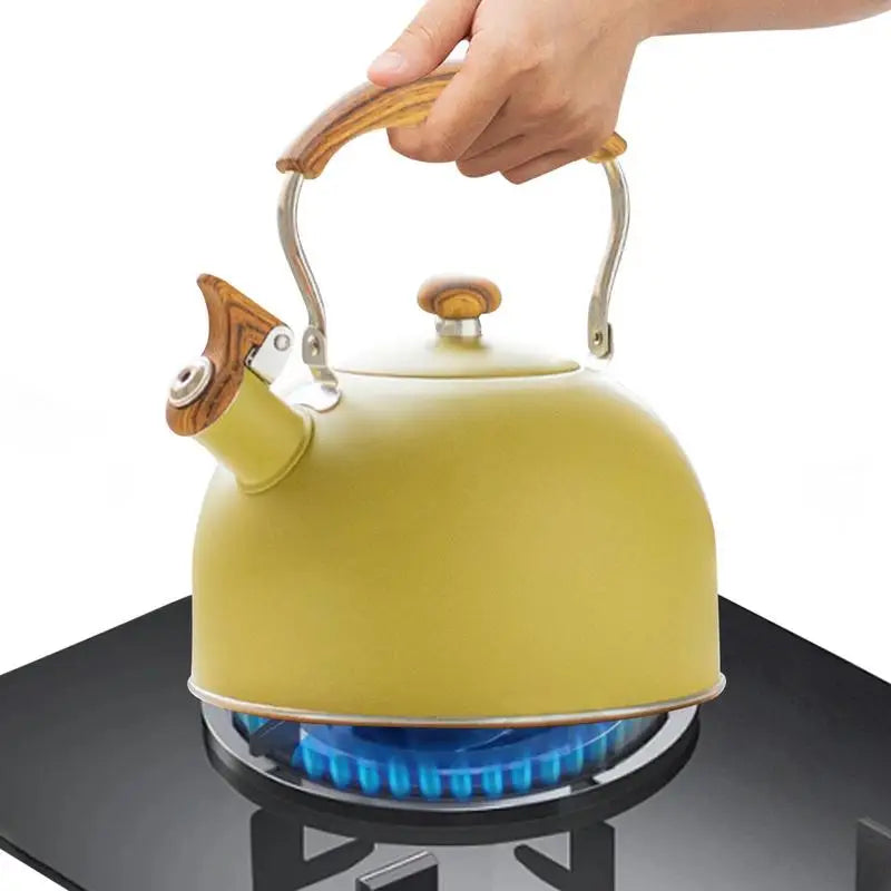 Retro Yellow Whistling Electric Kettle with Wood Handle - Vintage Design, 2.5L Stainless Steel