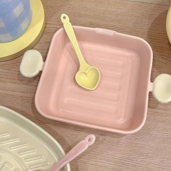 Pastel Ceramic Barbecue Plate with Double Ears