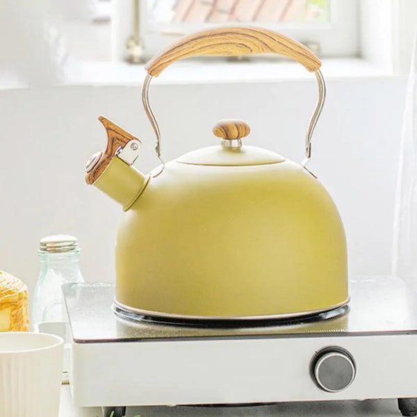 Retro Yellow Whistling Electric Kettle With Wood Ergonomic Handle