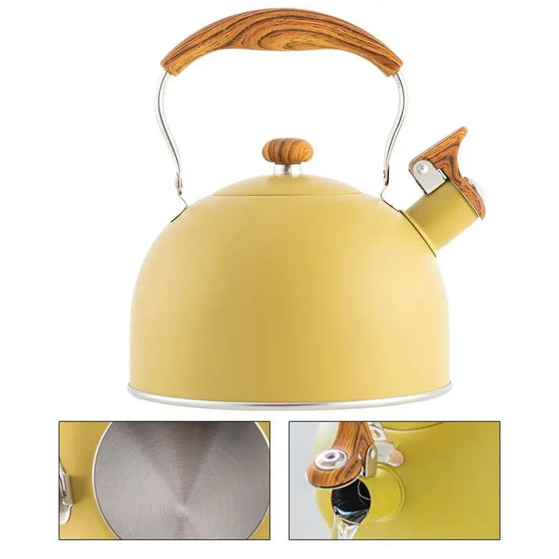 Retro Yellow Whistling Electric Kettle with Wood Handle - Vintage Design, 2.5L Stainless Steel