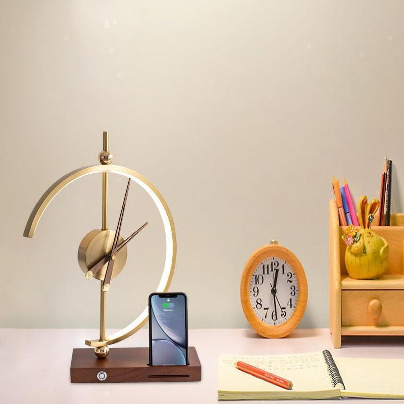 Miravique Golden Clock Table Lamp - Wireless Charger